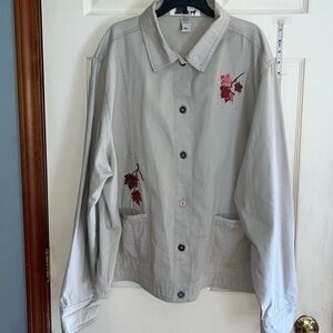 Shipshe-2X-tan-button down, lighter weight, long sleeve, Embroidered fall jacket
